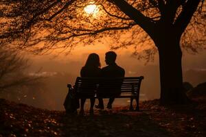 amantes sentado dentro uma Banco às uma parque, romance vibrações ai gerado foto