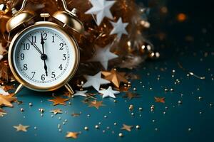uma relógio, estrelas e balão decoração para Novo ano celebração. elegante Projeto para Novo ano cumprimento cartão. cópia de espaço, Lugar, colocar para texto. ai gerado foto