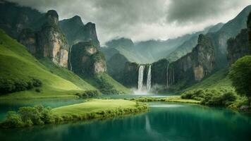 uma sereno, tranquilo lago aninhado dentro uma verdejante vale, cercado de imponente falésias e em cascata cachoeiras, natureza fundo ai generativo foto