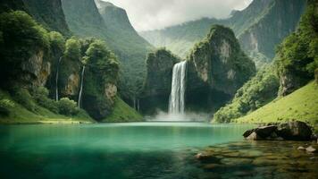 uma sereno, tranquilo lago aninhado dentro uma verdejante vale, cercado de imponente falésias e em cascata cachoeiras, natureza fundo ai generativo foto