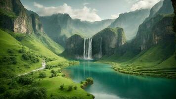 uma sereno, tranquilo lago aninhado dentro uma verdejante vale, cercado de imponente falésias e em cascata cachoeiras, natureza fundo ai generativo foto