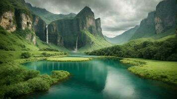 uma sereno, tranquilo lago aninhado dentro uma verdejante vale, cercado de imponente falésias e em cascata cachoeiras, natureza fundo ai generativo foto