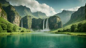 uma sereno, tranquilo lago aninhado dentro uma verdejante vale, cercado de imponente falésias e em cascata cachoeiras, natureza fundo ai generativo foto