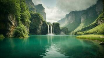 uma sereno, tranquilo lago aninhado dentro uma verdejante vale, cercado de imponente falésias e em cascata cachoeiras, natureza fundo ai generativo foto