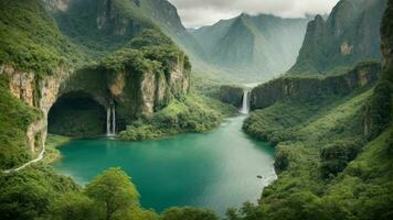 uma sereno, tranquilo lago aninhado dentro uma verdejante vale, cercado de imponente falésias e em cascata cachoeiras, natureza fundo ai generativo foto