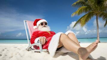 ai generativo santa em período de férias relaxante em uma tropical de praia foto