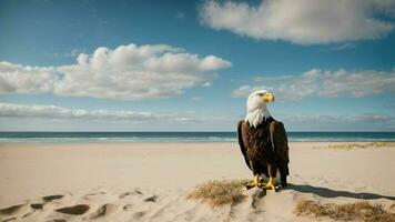 uma lindo verão dia com azul céu e uma solitário steller mar Águia sobre a de praia ai generativo foto