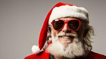 ai generativo fechar acima retrato do legal hipster santa com tons, oculos de sol foto