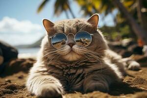 gordo de raça pura cinzento britânico gato dentro oculos de sol em a de praia foto