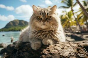 fofa de raça pura cinzento britânico gato em repouso em a de praia foto