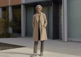 à moda feliz africano americano mulher dentro casaco em pé ao ar livre. ativo confiante meia-idade. ai generativo foto