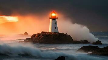 uma solitário ferro farol carrinhos alta em uma rochoso pedra ilha. ai generativo foto