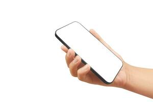 mão segurando Smartphone dispositivo e tocante tela foto