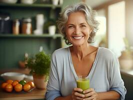 saudável estilo de vida Senior mulher sorridente e bebendo fresco orgânico goiaba suco dentro dela moderno cozinha, ai gerado foto