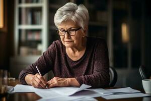 uma pensionista Senior mulher gerenciando conta finança, planejamento pensão pagamento, ai gerado foto