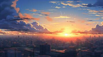 lindo cidade panorama fundo. desenho animado verão pôr do sol com nuvens. animê estilo foto