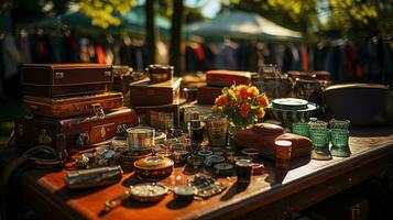 garagem oferta, vintage e usava bens em exibição às a tarde pulga mercado em a greensward - uma Tesouro caçar para Antiguidade e retro colecionáveis, ai generativo foto