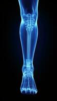 raio X do pernas do uma masculino humano, azul tom radiografia em uma Preto fundo, ai generativo foto