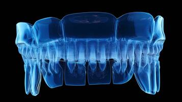 raio X do humano dental, azul tom radiografia em Sombrio fundo, diagnóstico ferramenta para dental exame e diagnóstico, ai generativo foto