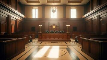 a essência do lei e justiça, a esvaziar tribunal quarto interior iluminado de tarde luz, uma poderoso símbolo do legal princípios e igualdade, ai generativo foto