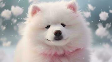 uma branco cachorro com uma Rosa colarinho ai gerado foto