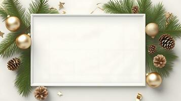 branco Natal quadro, Armação com pinho galhos e dourado enfeites foto
