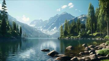 uma lago com árvores e montanhas dentro a fundo ai gerado foto