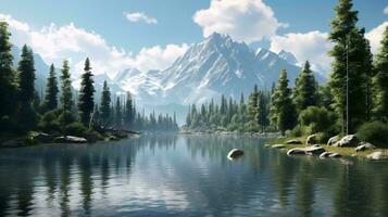 uma lago com árvores e pedras com uma montanha dentro a fundo ai gerado foto