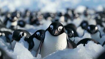 uma grupo do pinguins em neve ai gerado foto