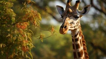 uma girafa carrinhos dentro frente do alguns árvores ai gerado foto