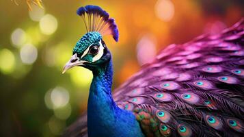 uma pavão com colorida penas ai gerado foto