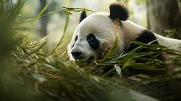 uma panda comendo bambu ai gerado foto