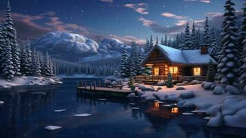 uma casa com uma lago dentro a frente e Nevado montanhas dentro a fundo ai gerado foto