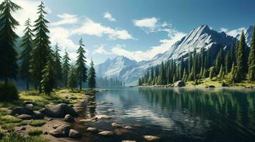 uma lago cercado de árvores e montanhas ai gerado foto