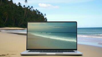 uma computador portátil em uma de praia ai gerado foto