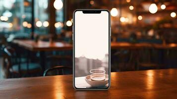 uma branco Smartphone em uma mesa ai gerado foto