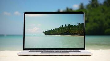 uma computador portátil em uma de praia ai gerado foto