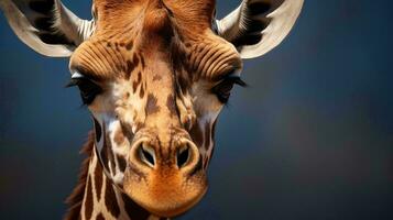 uma girafa com Está cabeça inclinado ai gerado foto