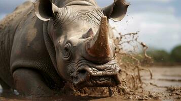 uma rinoceronte com Está boca aberto ai gerado foto