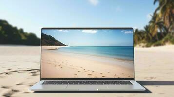 uma computador portátil em uma de praia ai gerado foto