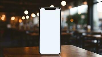 uma branco célula telefone em uma mesa ai gerado foto