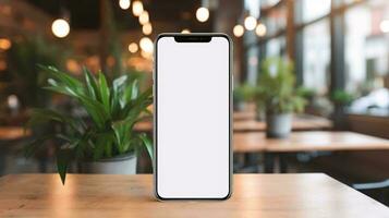 uma branco Smartphone em uma mesa ai gerado foto