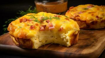 ai generativo do Inglês bolinho presunto e queijo café da manhã caçarola. isto características camadas do torrado bolos, salgado presunto, e derretido queijo, todos cozido juntos para uma caloroso e satisfatório manhã refeição foto