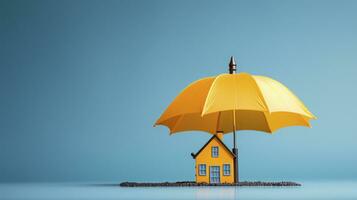 ai generativo do a imagem do a guarda-chuva e uma brinquedo casa simboliza propriedade seguro, salvaguardando seu casa e pertences a partir de inesperado tempestades e perdas. foto