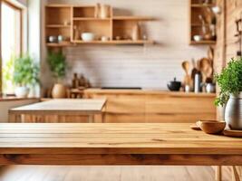 esvaziar de madeira mesa dentro moderno cozinha interior. pronto para produtos exibição montagem gerar de Leonardo ai foto