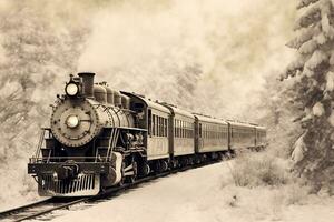vintage ilustração do a velho trem decorado para Natal. vapor locomotiva, passageiro carros e Nevado cenário. foto