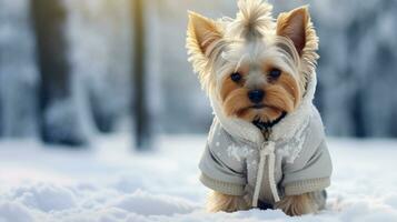 yorkshire terrier cachorro inverno caminhando dentro caloroso roupas. fofa pequeno cachorro vestindo jaqueta. sazonal moda para animais de estimação ai gerado foto