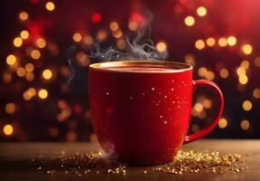 vermelho copo do quente beber com Natal decoração em bokeh fundo ai gerado foto