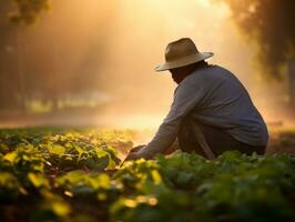 agricultor cuidando para linhas do cultivo dentro uma iluminado pelo sol campo ai generativo foto