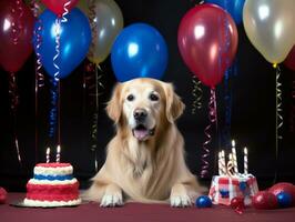 adorável cachorro posando com uma aniversário bolo às uma celebração ai generativo foto